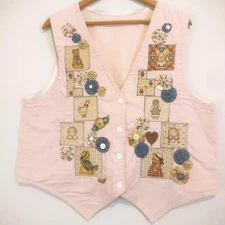 VTG Handmade Vest Country Farm Bunnies Cottage Core Applique Yo Yo Stripe Women