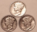 (3) Mercury Dimes - Extra Fine - 1942S 1943 1945 - #4045ED FREE SHIPPING