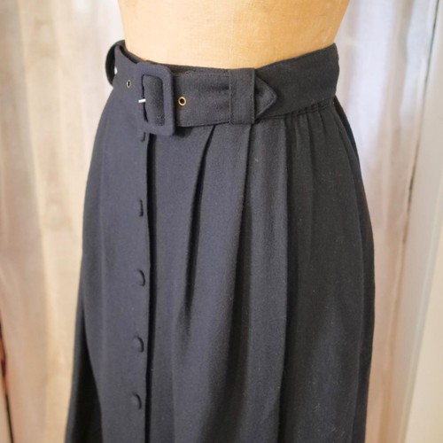 Vintage 50s Black Wool High Waisted FULL Pleated Skirt BELT Academia S/M EUC - Picture 5 of 9