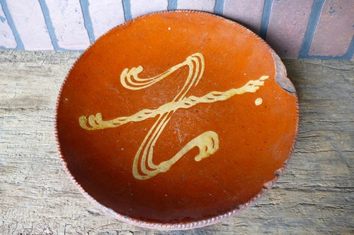 antique Pa yellow slip redware decorated bowl 11 1/2 diameter heavy duty