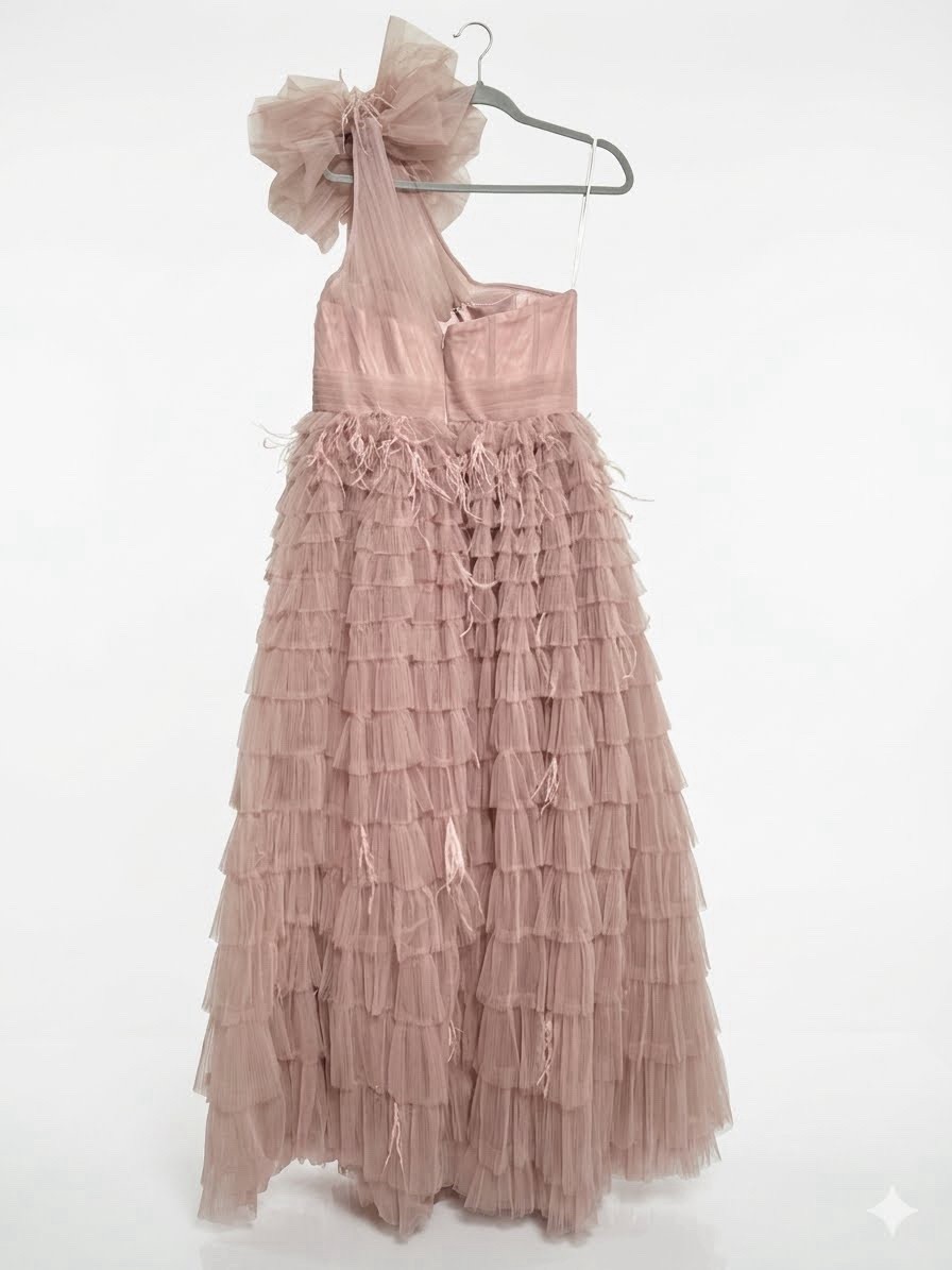 Mac Duggal 20447 One Shoulder Gown Pink Feather Faux Bow Tiered Aline Size 6 NWT image 7