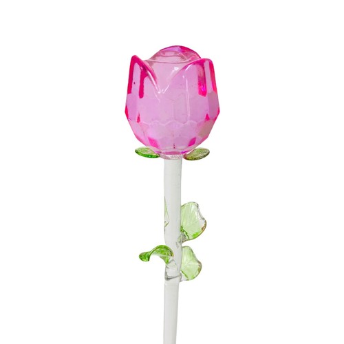 13" Glass Long Stem Green Leaves Rose Flower Figurine