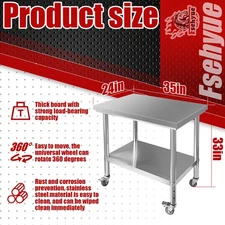 36x24 Inch Stainless Steel Work Table with 4 Wheels Heavy Duty Food Prep New
