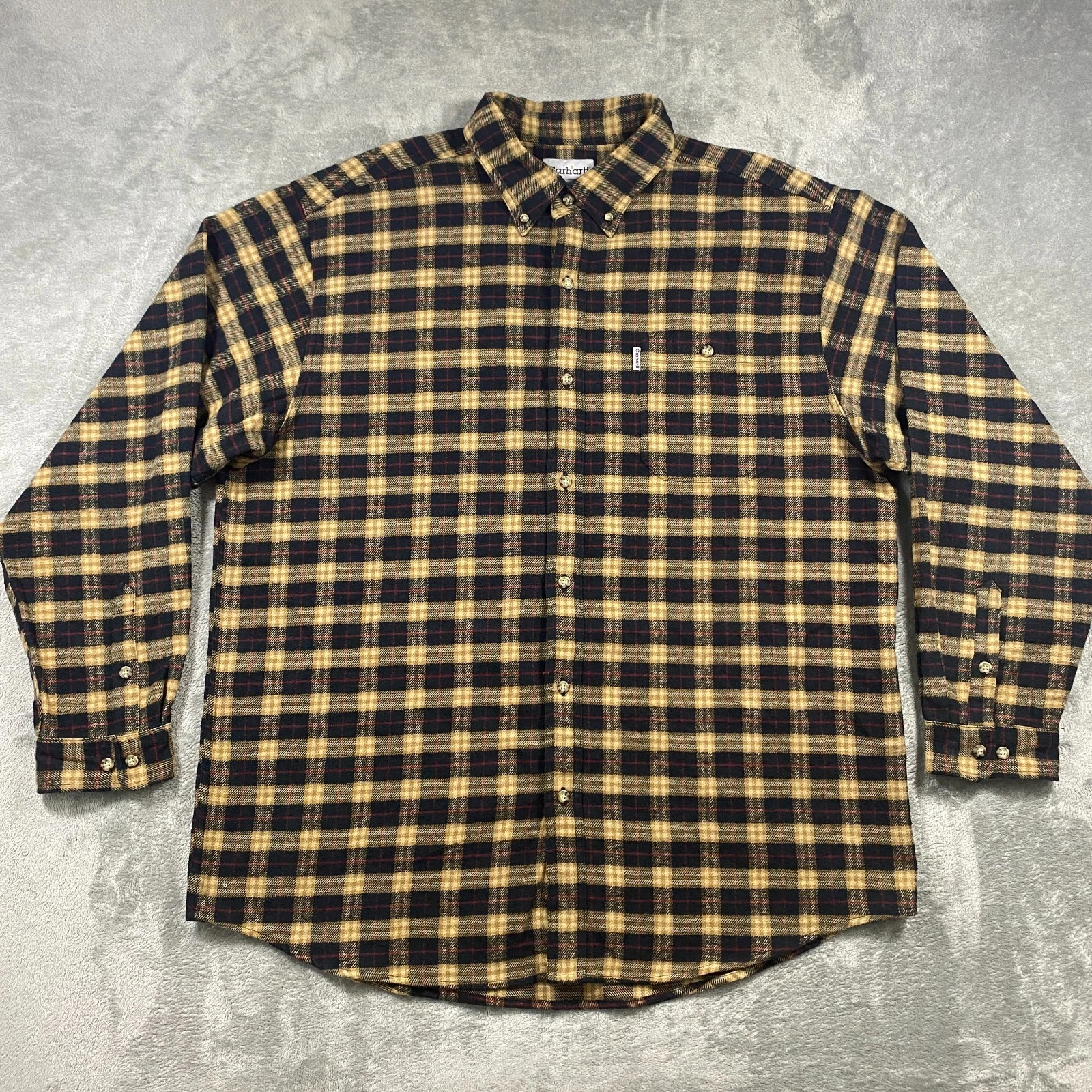 Carhartt Flannel Shirt Mens 2XL Brown Plaid Button Down Outdoor Workwear