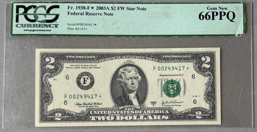 1938-F 2003A $2 Star Federal Reserve Note PCGS 66PPQ Gem New;Z470