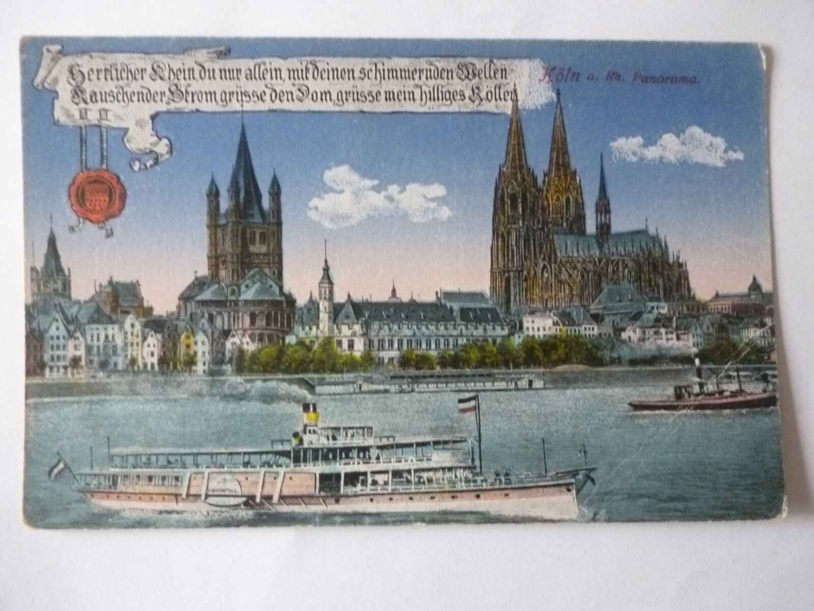 Postcard Cologne a. Rh. Panorama Cathedral Steamer Saying (1)