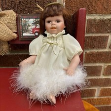 Porcelain Girl Doll Cloth Body Sitting Brown ling hair fancy Cream nightgown