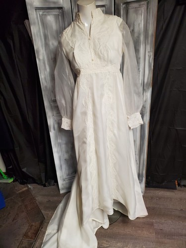 PXS-PS Vtg 70s 80s Prairie Wedding Dress Victorian Chiffon Lace Sheer Slv gown
