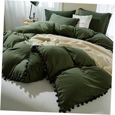 King Size Pom Duvet Cover, 3 Piece Boho King No Comforter Olive Green
