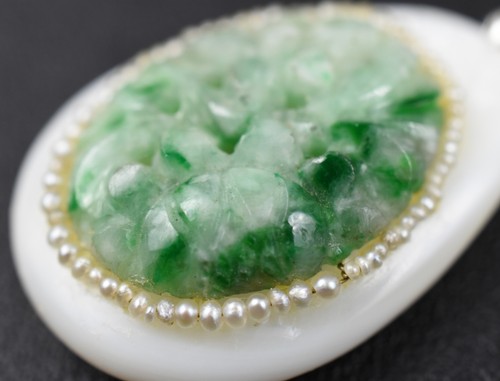 Sterling Silver 925 Mother of Pearl Pendant Carved Jadeite Jade & Pearl 18" 1.2g - Picture 11 of 13