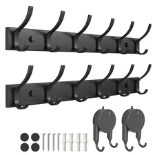 Coat Rack Wall Mount 6 Hooks Black Heavy Duty Metal Hanger 2 Pack