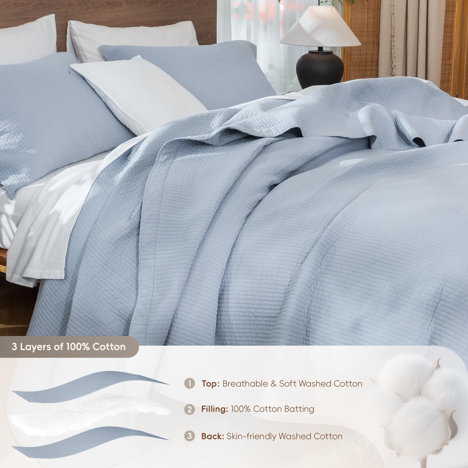 Stripe Stitch Quilt Set 100% Washed Cotton Coverlet Bedspread Linen Like with...