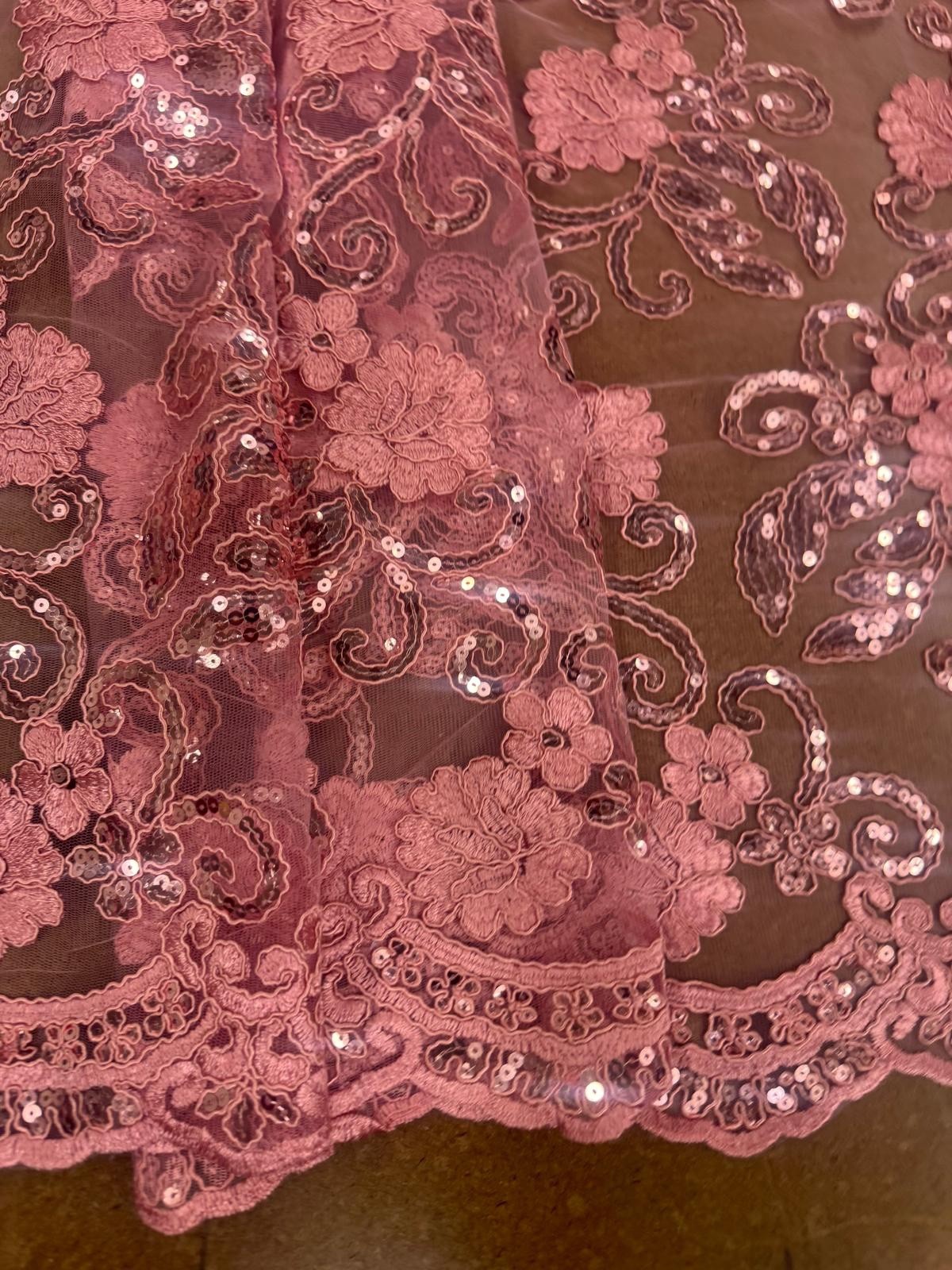 48/50" Wide Corded Queen Floral Lace Mesh Embroidered Fabric with Sequins