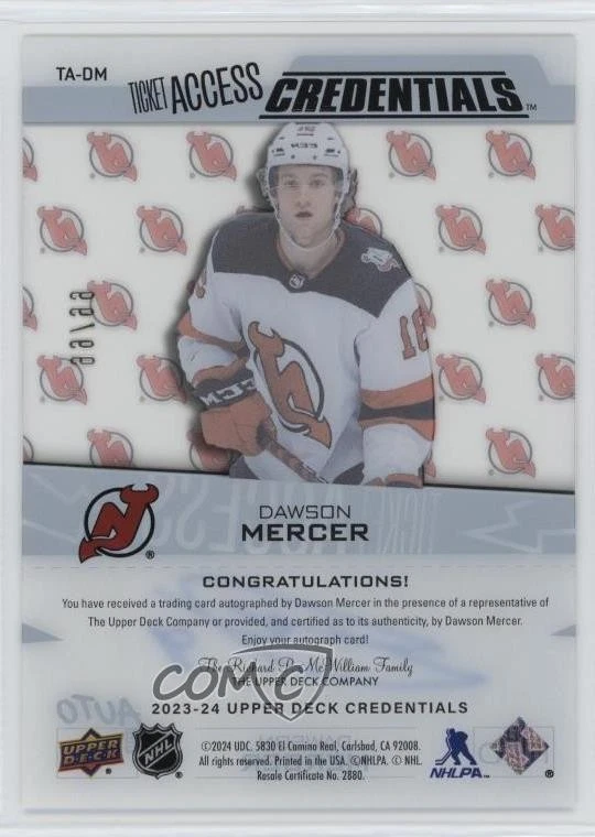 2024 Upper Deck Credentials Update Acetate Ticket Access /99 Dawson Mercer Auto - Image 2 of 3