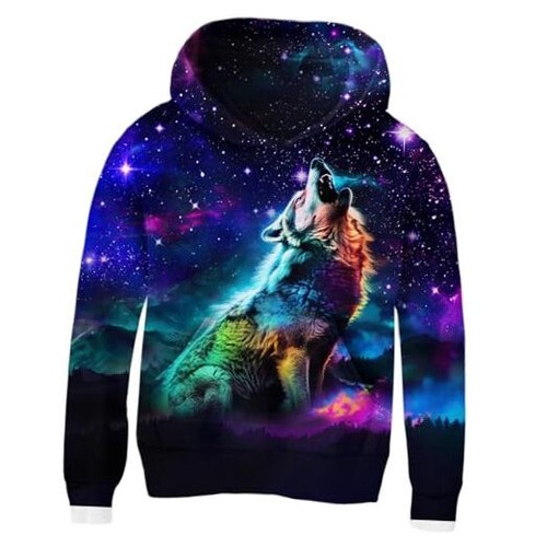Kids 3D Print Pullover Hoodies Warm Thick Hooded 14-16 Years Wolf Galaxy