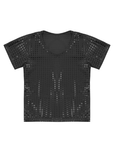 Kids Girls Sparkly Metallic Shiny Dance T-Shirt Boys Short Sleeves Loose T-Shirt - Picture 11 of 66