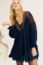 NEW FREE PEOPLE Sz M MOONSHINER EMBELLISHED EMBROIDERED MINI DRESS INDIGO LOST