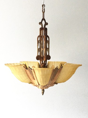 Art Deco Slip Shade Ceiling Light Chandelier Light Fixture 18x22" Antique 1930s - Picture 2 of 10