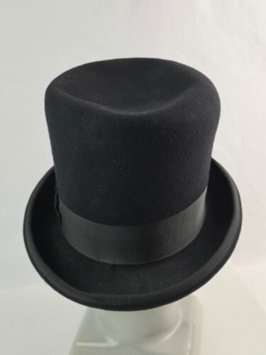 Vintage DeLuxe Quality Black Wool top hat 6.75" tall black bow "good" cond. - Picture 5 of 13