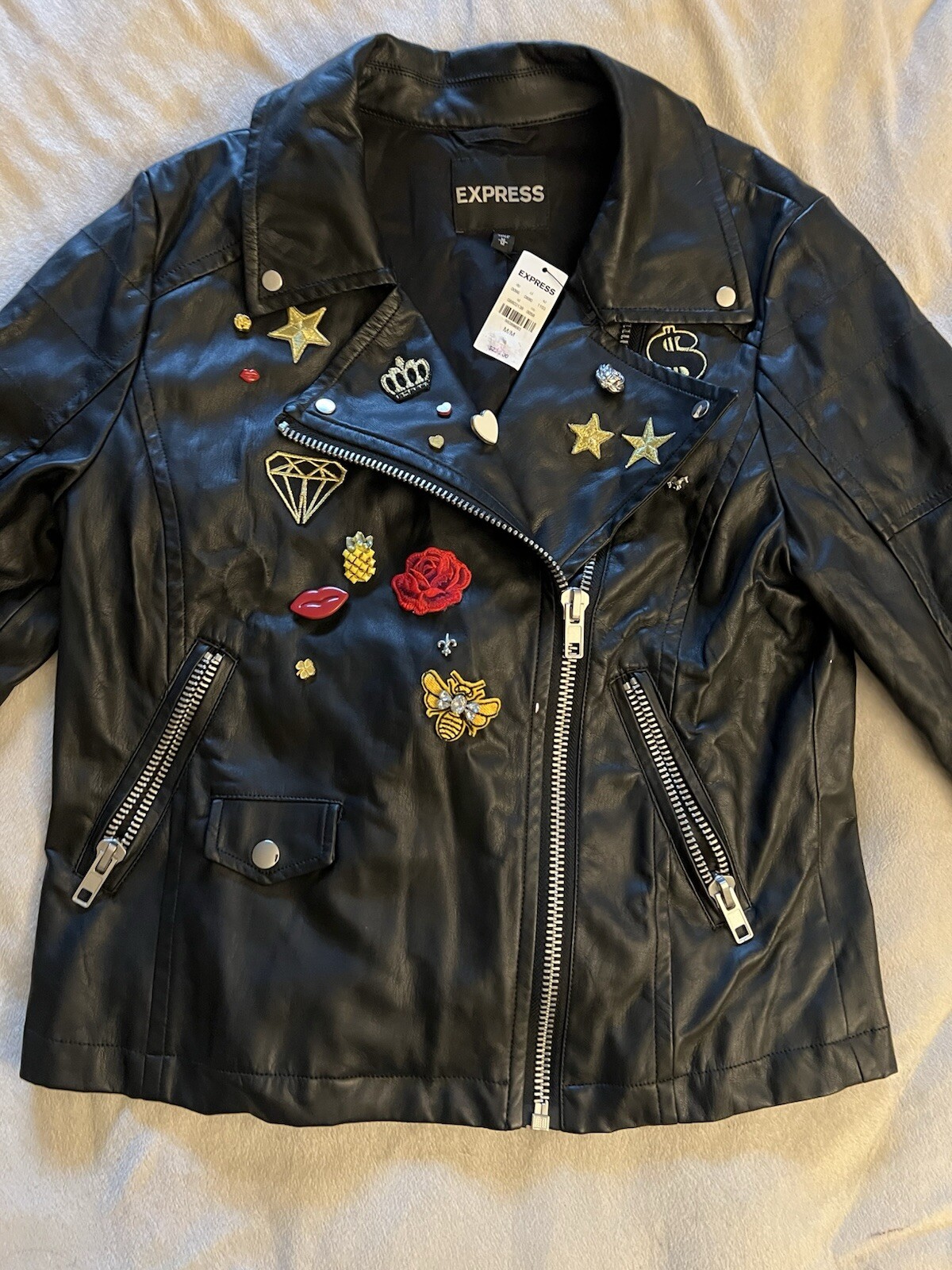 NWTGS Women's Express Faux Leather Biker Moto Jacket Small Black Y2K Patches