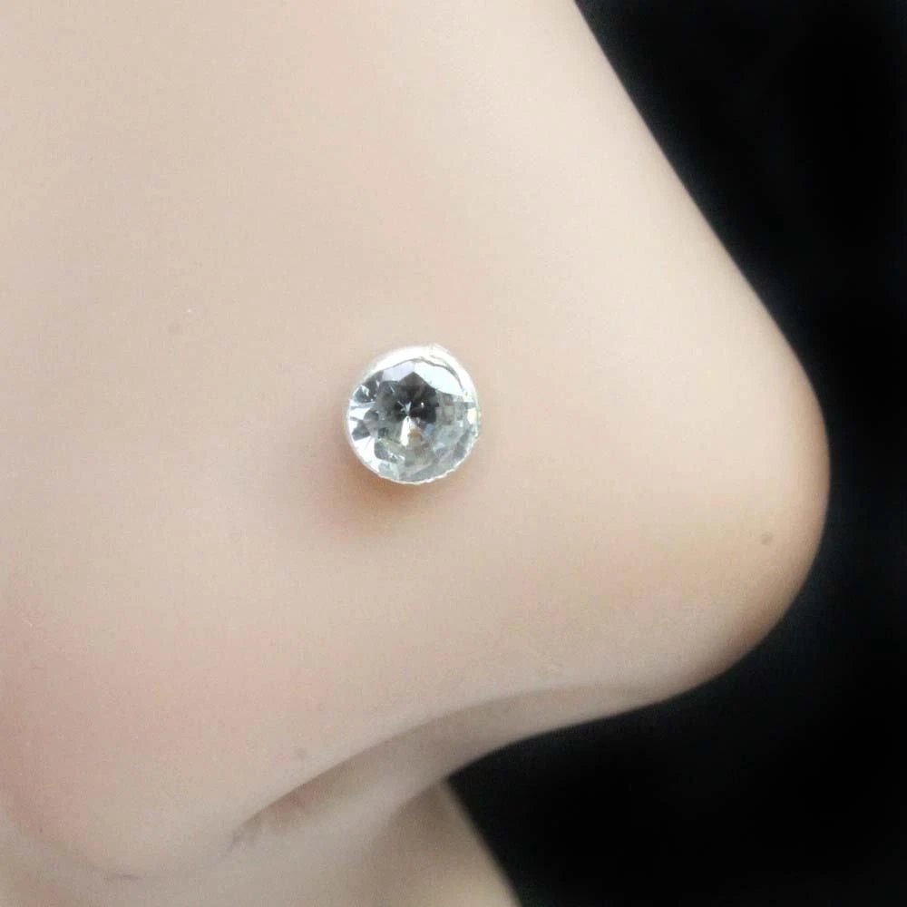 925 Real SilverSingle Stone nose Stud White Round CZ Corkscrew nose ring L Bend