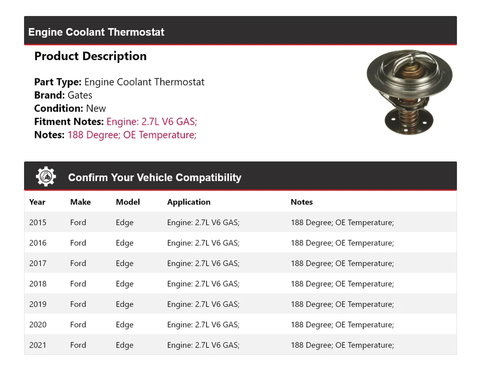 Para Ford Edge 2015-2021 2,7 L V6 Motor Gas Refrigerante Termostato Puertas 2016 2017 Foto 2 de 4