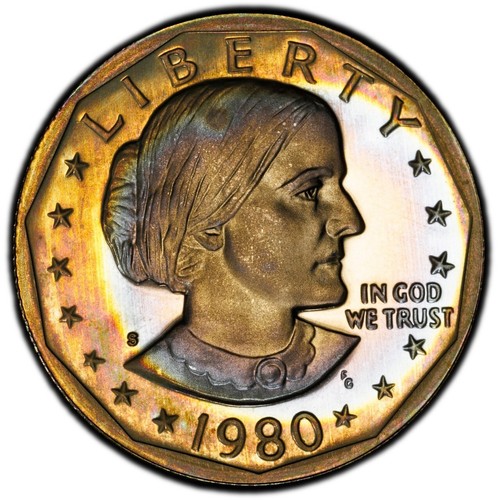 PR68DCAM 1980-S SBA Susan B Anthony Proof Dollar - PCGS Trueview, Rainbow Toned - Bild 6 von 7