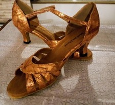 LATIN BALLROOM Copper Dance Shoes 2.5" High Heel Ankle Strap Suede Women 9.5 M