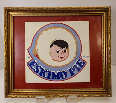 Vintage 1960's ESKIMO PIE Ice Cream Window Decal~Old Store Stock~Framed 12x14.5