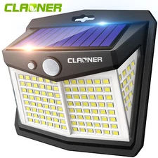 CLAONER Solar Power 128 LED Lights PIR Motion Sensor Outdoor Security Lamp Wall