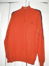 Men's POLO RALPH LAUREN LOGO ORANGE/BLUE COTTON 1/3 ZIP MOCK-NECK SWEATER Size M