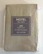 NEW Hotel Fine Linens 300 Thread Count (2) Beige King Pillow Cases 100% Cotton
