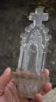 Antique 1900s Vallerysthal French glass holy water font crucifix