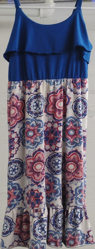 Blue Floral Maxi Dress Scoop Neck Strappy Ruffle Boho Sleeveless Size M