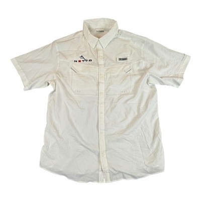 Columbia PFG Fishing Shirt Mens XL White Short Sleeve Netto Logo Ventilated XL