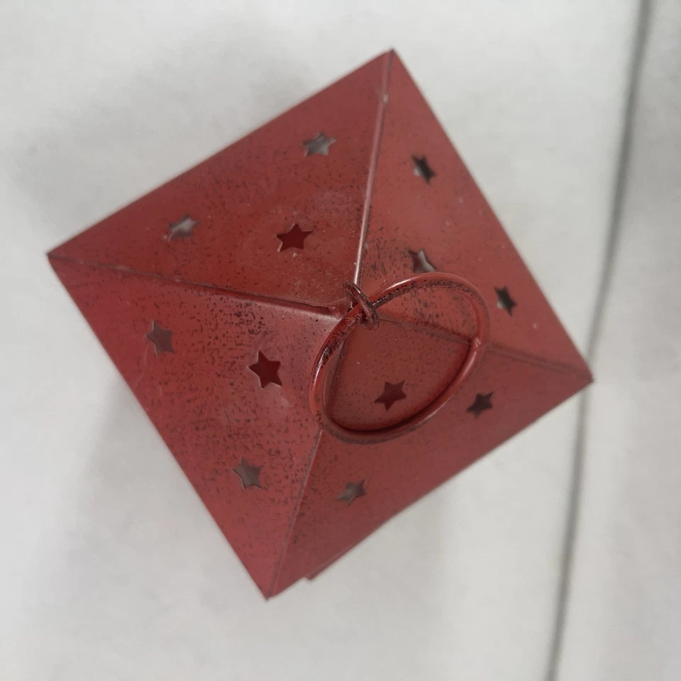 Red Metal Lantern with Glass, Snowflakes Design, and Latching Door - Image 4 of 4