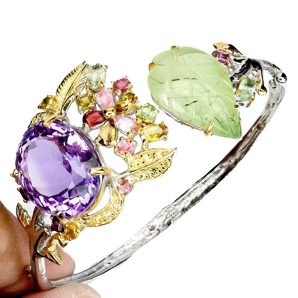 925 Sterling Silver Bangle Oval Amethyst 42ct Prehnite Handmade Gemstone 6.5in - Image 2 of 4