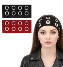 2Pcs Grommet Headband, Red  Black Cool Goth Headband with Holes, 7.87 Inch