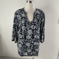 Lucky Brand Womens Plus 1X Black White Floral Boho Tunic Top 3/4 Sleeve Shirt