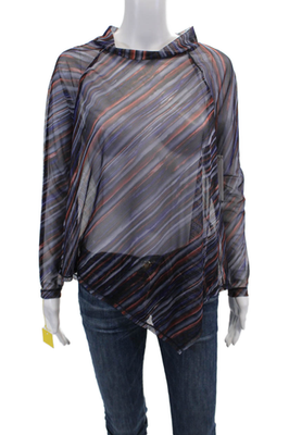 #ad Sympli Womens Striped Transparent Long Sleeve Mock Neck Blouse Blue Size XL $43.52