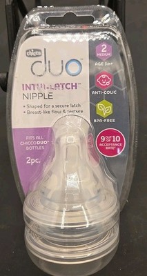 Chicco Duo 2 Medium Intui-Latch Baby Bottle Nipple Anti-Colic Valve 2pk NEW