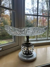 Vintage Oval Crystal Compote Bowl with brass and marble pedestal base 14 In