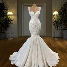 Custom Scoop Neck Mermaid WeddingDresses Sleeveless Beaded Lace Appliques Bridal