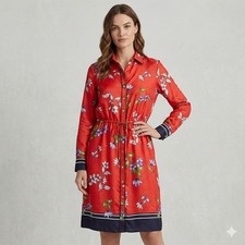 Lauren Ralph Lauren Floral Shirt Dress Red Blue Size 6 Button Front Satin Midi