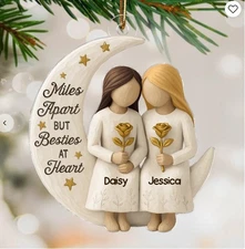 3D Effect Wooden Texture Stars Besties On Moon - Personalized Acrylic Ornament
