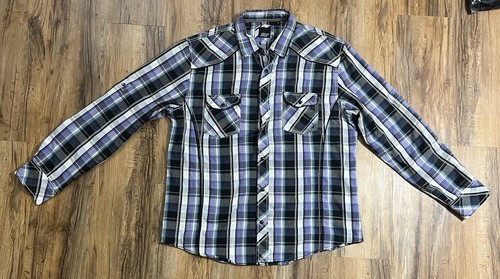 Various Artists Men's XL Purple-Black Plaid Long-Sleeve Button-Up Shirt w/ Snaps