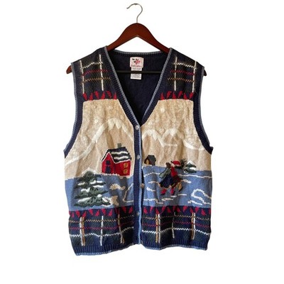 Vintage Nutcracker Large Cozy Winter Scene Knit Vest Button Front Fair Isle