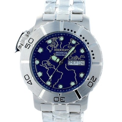 Beuchat Oceanium Mens Blue Watch 300M Diver World Map Dial Swiss Steel Day Date