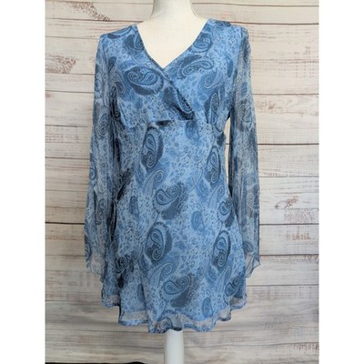 Whimsigoth Y2K Silk Paisley New York City Design Top Blouse Blue V-Neck Med