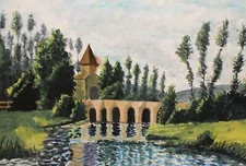 Vintage impressionist watercolor painting landscape forest river